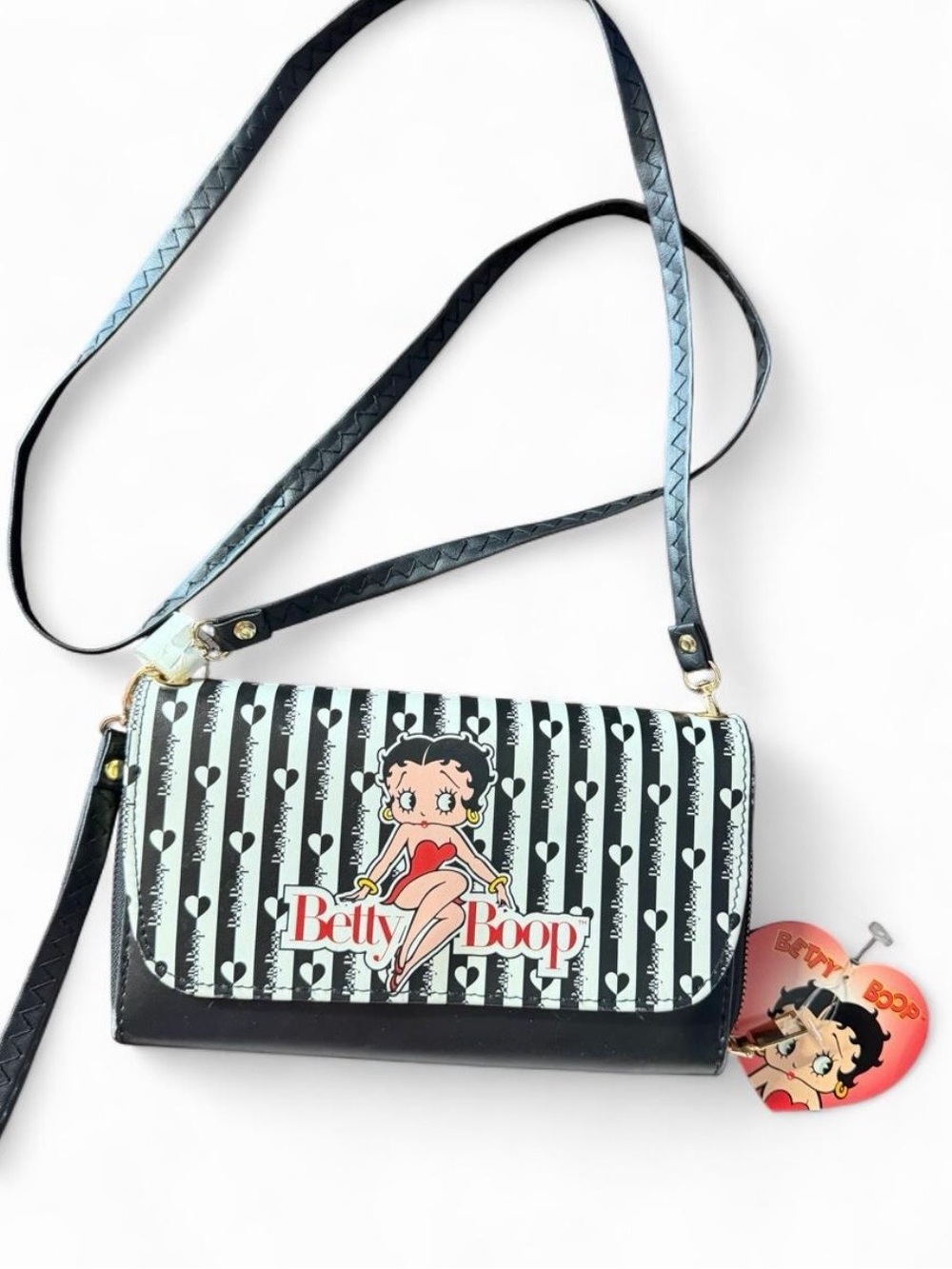 Betty Boop Black & White Striped Crossbody Bag with Red Accent